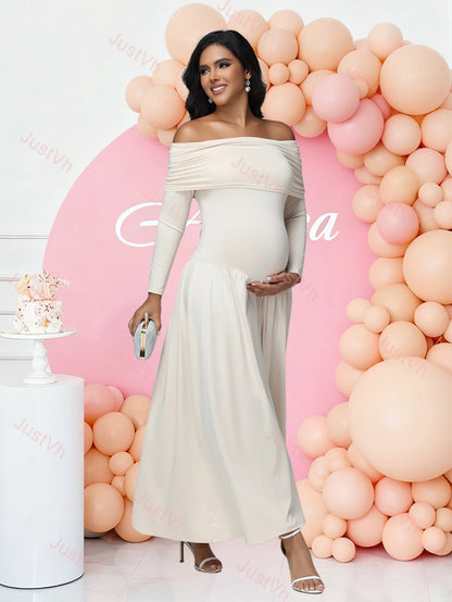 Maternity Elegant Photoshoot Dresses off Shoulder Long Sleeves Solid Pregnant Pleated Dress for Baby Shower