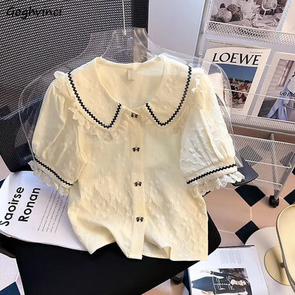 Peter Pan Collar Shirts Women Kawaii Lace Gentle Trendy French Style Mujer Blusas Summer New Design Elegant Puff Sleeve Clothes