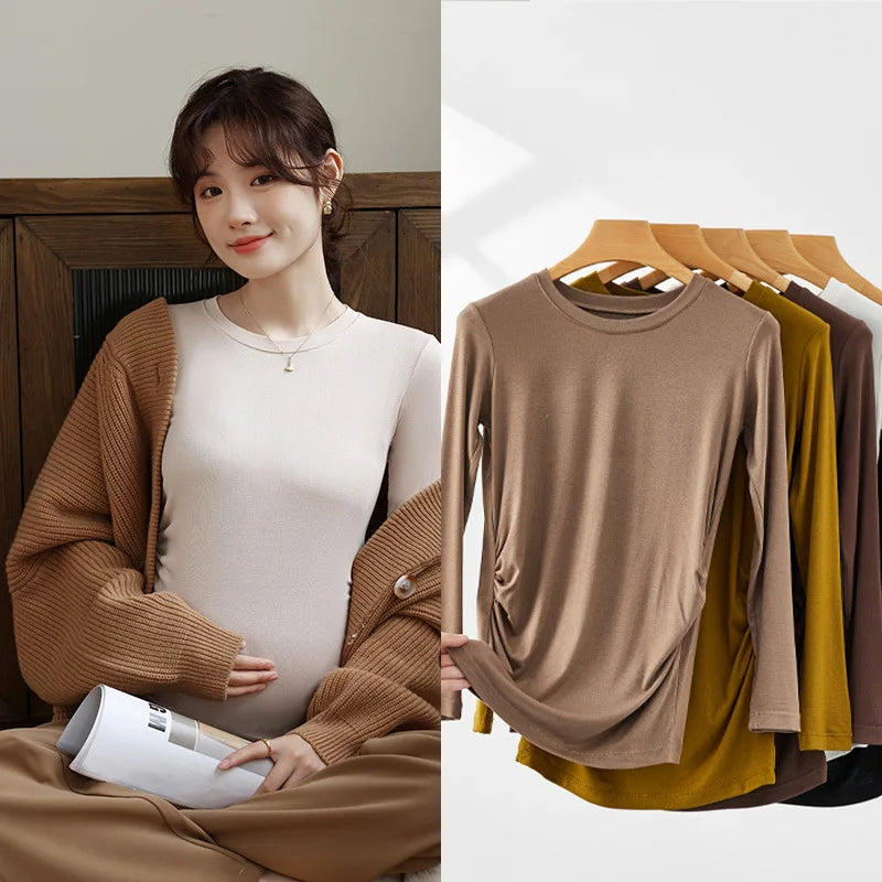 Maternity Spring Fall Round Neck Long-Sleeved Slim Thin Section Bottoming Shirt Pregnant Women's Solid Elastic Soft Homewear