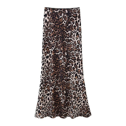Women's 2024 Leopard Print A-Line Midi Skirt with Bow & Pockets