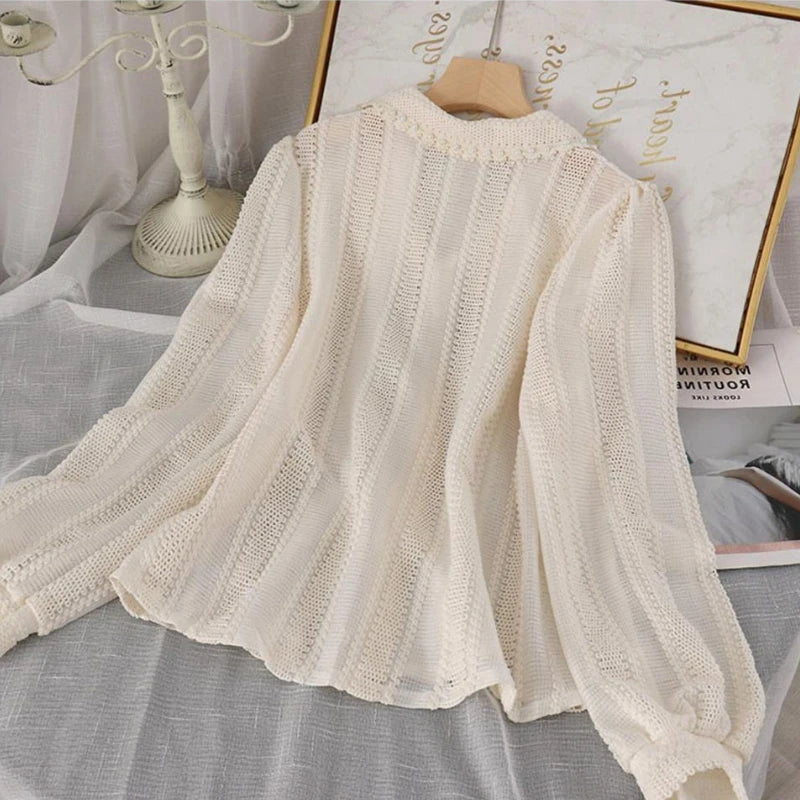 Women Peter Pan Collar Hollow-Out Shirt - Solid Elegant Top, French Style, New Zealand, Strylez Virtual Try-On