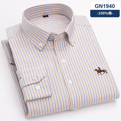 Fashion Strip 100% Oxford Embroidered Horse Casual Without Pocket Solid Plaid Shirts Men's Long Sleeve Dress Shirt Men Plus Size