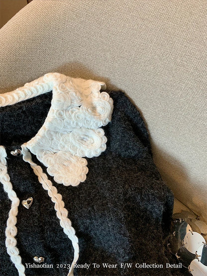 French Peter Pan Collar Luxury Cardigans Lace Up Slim Chic Women's New Knitwear 2023 Autumn Winter Streetwear Japanese Fashion