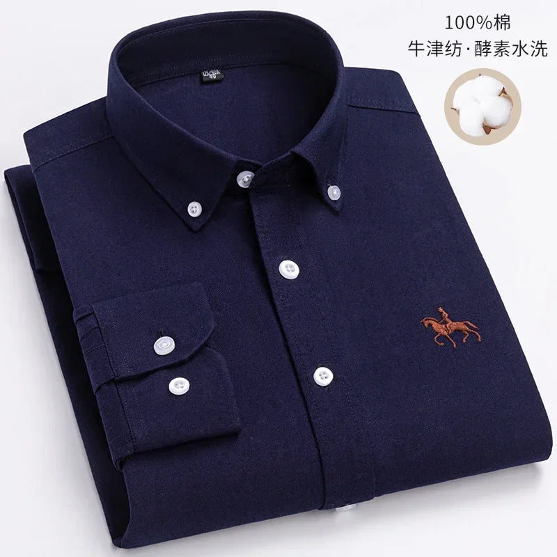 2024 Men Shirt Floral Long Sleeve Casual 100% Cotton Oxford Man Leisure Embroidered Horse Shirts Streetwear Oversized  Plus Size