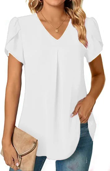 Elegant Women's Top Blouse Flower 2024 Summer Fashion Simplicity Short Sleeve Solid V-Neck Commuter Office Female Shirt S-XXL