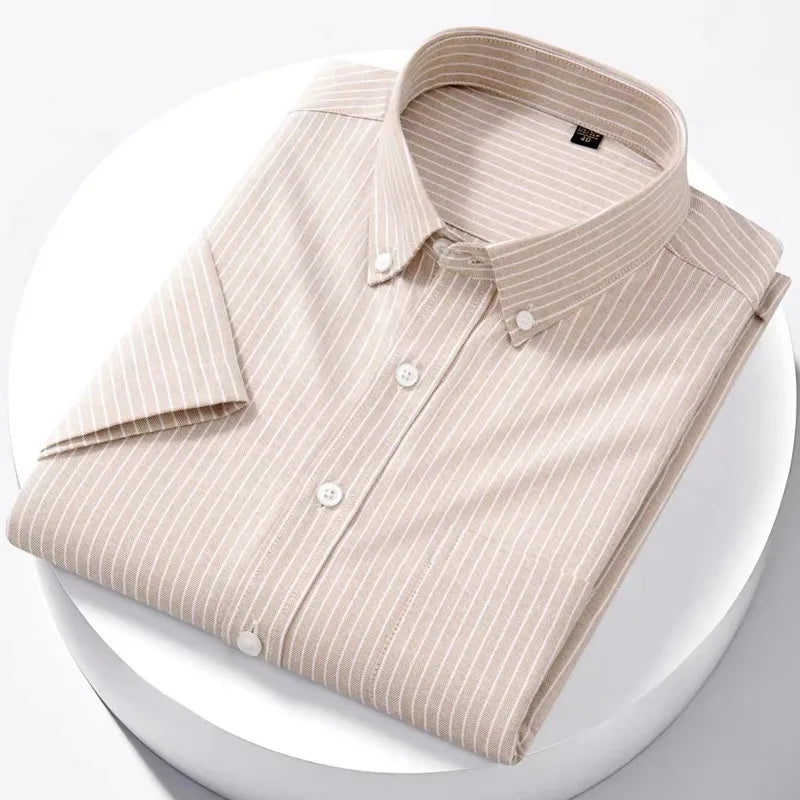 Luxury Men's Oxford Shirt 100% Cotton Short Sleeve Causal Stripe Solid Summer Basic Business Formal Social White Slim Fit Blouse