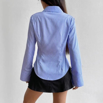 Casual Classic Striped Long Sleeved Blouse Single-breasted V-neck Stripe Shirts for Women Simple Thin Retro Chic Tops Women