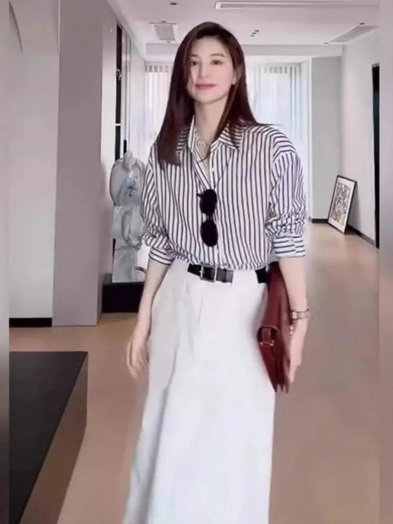 Black Striped Blouse for Women | Spring Casual Long Sleeve Top, Office/Workwear Shirt New Zealand | Strylez Virtual Try-On