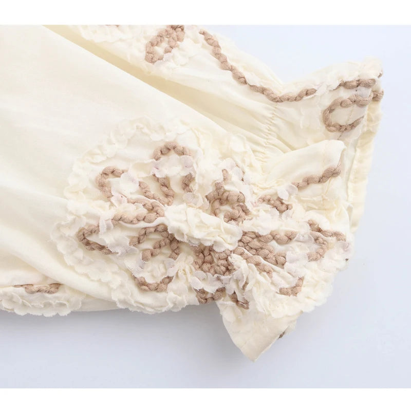 MUJER Flower Embroidered Blouses for Women Tassel Casual Shirts and Blouses Woman Ruched Beach Women's Blouse Summer Boho Tops