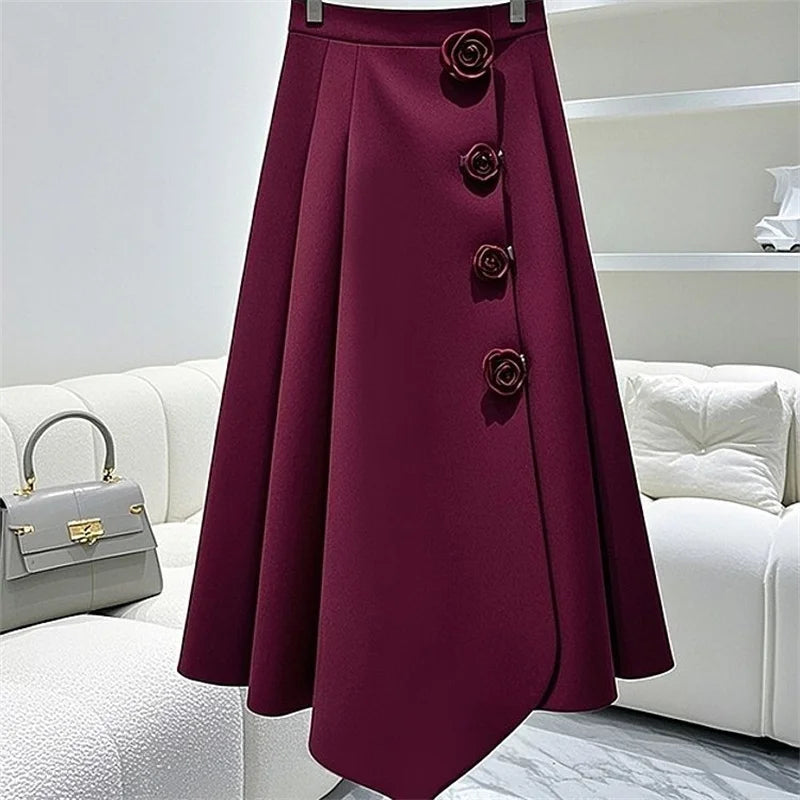 Vintage-Inspired High-Waisted Pleated A-Line Midi Skirt with 3D Flowers – New Zealand | Strylez Virtual Try-On