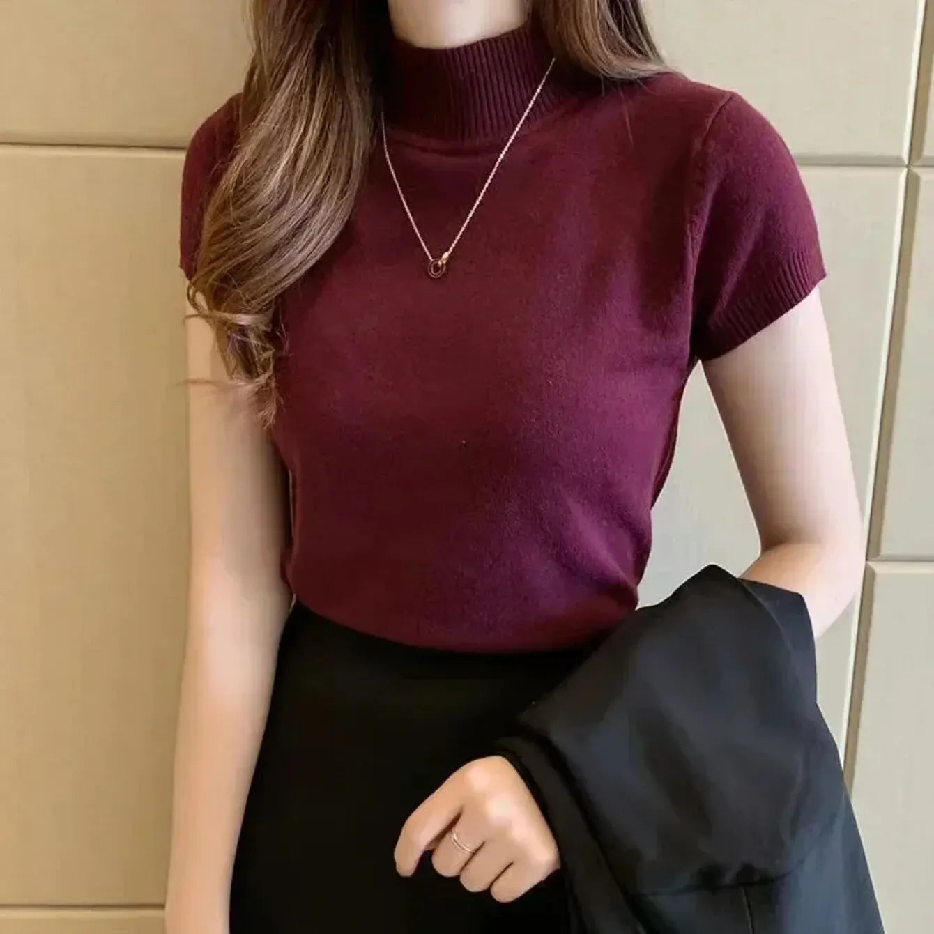 Women's Half-High Neck T‑Shirt & Jumper | Top, Korean Style, Solid Color | Spring/Summer NZ | Strylez Virtual Try-On