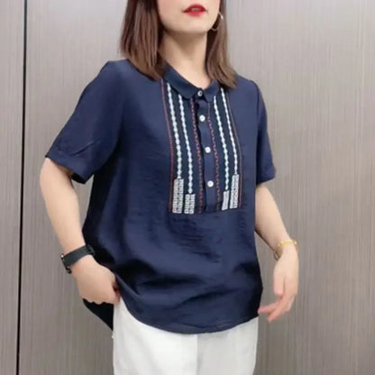 Vintage Peter Pan Collar Blouse Casual Loose Female Clothing Stylish Printed Patchwork Button 2024 Summer New Short Sleeve Shirt