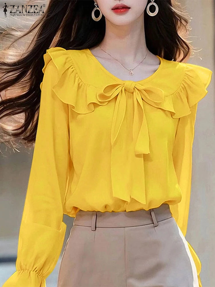 ZANZEA Peter Pan Collar Long Sleeve Blouses Korean Style Women Elegant Solid Smock Tops Sweet Long Sleeve Tie Up Blusas Mujer
