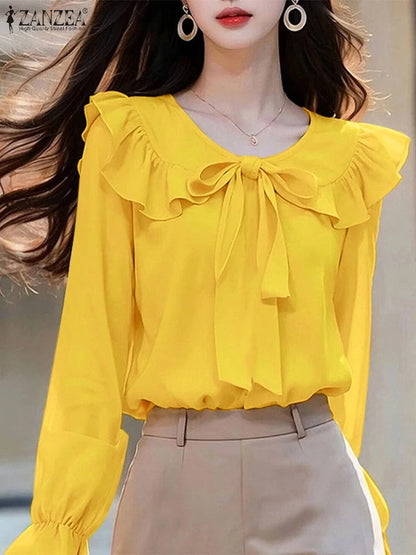 ZANZEA Peter Pan Collar Long Sleeve Blouses Korean Style Women Elegant Solid Smock Tops Sweet Long Sleeve Tie Up Blusas Mujer