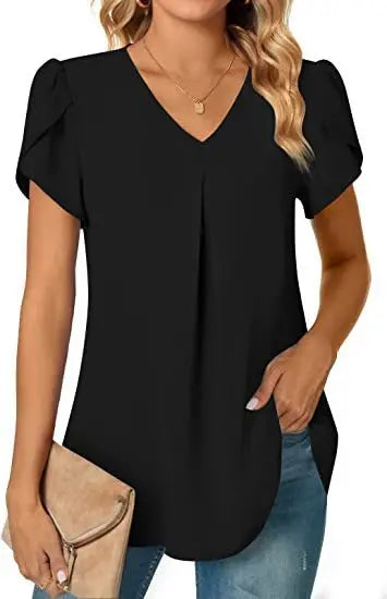 Elegant Women's Top Blouse Flower 2024 Summer Fashion Simplicity Short Sleeve Solid V-Neck Commuter Office Female Shirt S-XXL