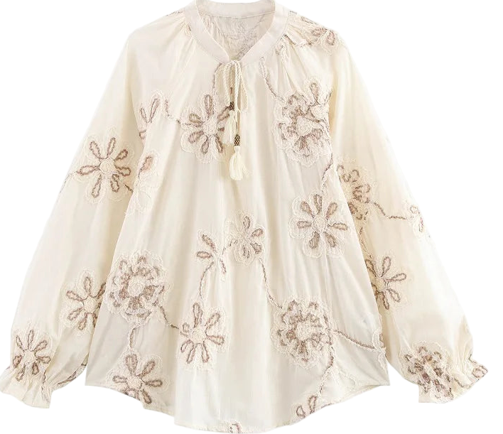 MUJER Flower Embroidered Women’s Blouse - Tassel Casual Shirt, Ruched Beach Boho Top | Summer Tops NZ | Strylez Virtual Try-On