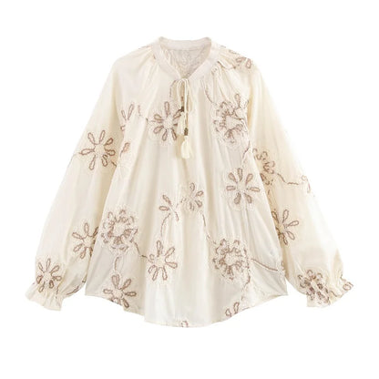 MUJER Flower Embroidered Blouses for Women Tassel Casual Shirts and Blouses Woman Ruched Beach Women's Blouse Summer Boho Tops