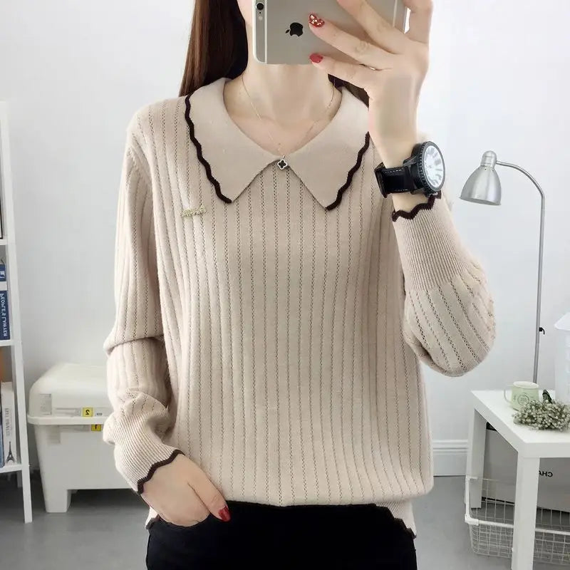 Fashion Peter Pan Collar Spliced All-match Knitted Blouse Women's Clothing 2022 Autumn New Loose Casual Pullovers Korean Shirt