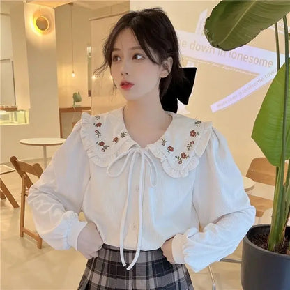 Peter Pan Collar Shirts Women Sweet Embroidery Japanese Style Loose Vintage Lace-up Fashion Age-reducing Tender All-match Girls