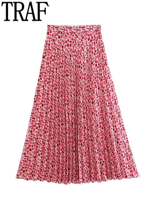 Playful Pink Pleated Midi Skirt – Summer High Waist Fairycore Ruched Skirt for Women’s Evening Vibes