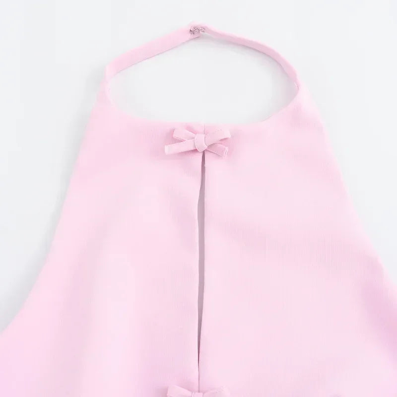 Pink Bow Halter Crop Top and Asymmetrical Shorts Set
