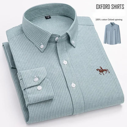 Casual Pure Cotton Oxford Mens Shirts Long Sleeve Embroidery Horse Design Regular Fit Fashion Button Man White Dress Shirt