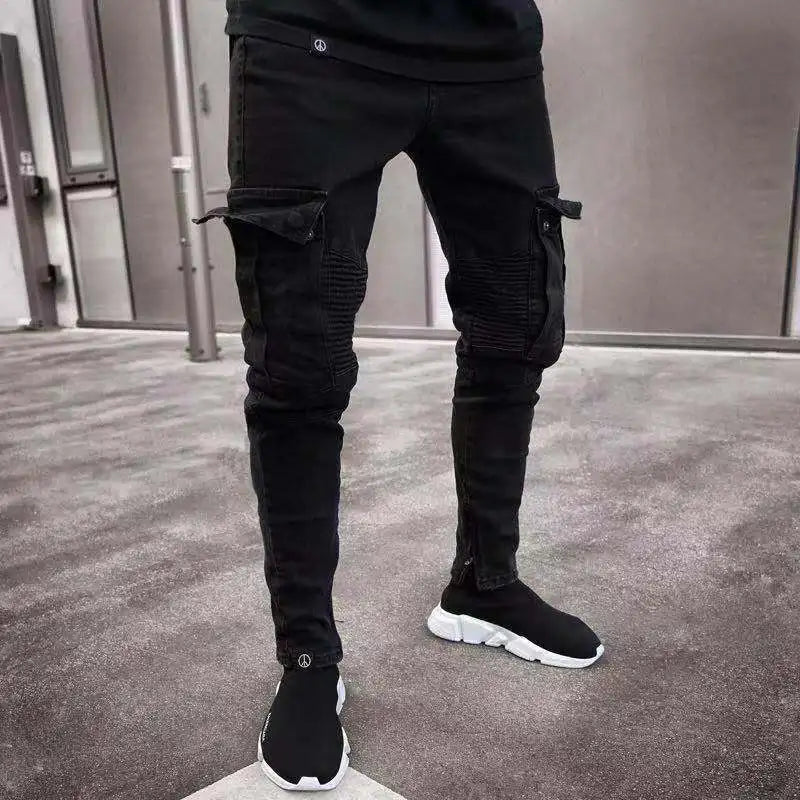 Black Stretch Cargo Jeans with Big Side Pockets – Elastic Joggers for Streetwear