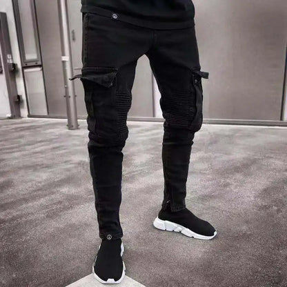 Black Stretch Cargo Jeans with Big Side Pockets – Elastic Joggers for Streetwear