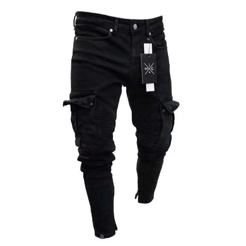 Black Stretch Cargo Jeans with Large Side Pockets - Elastic Streetwear Joggers, NZ | Strylez Virtual Try-On