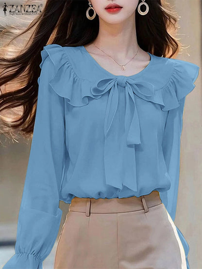 ZANZEA Peter Pan Collar Long Sleeve Blouses Korean Style Women Elegant Solid Smock Tops Sweet Long Sleeve Tie Up Blusas Mujer