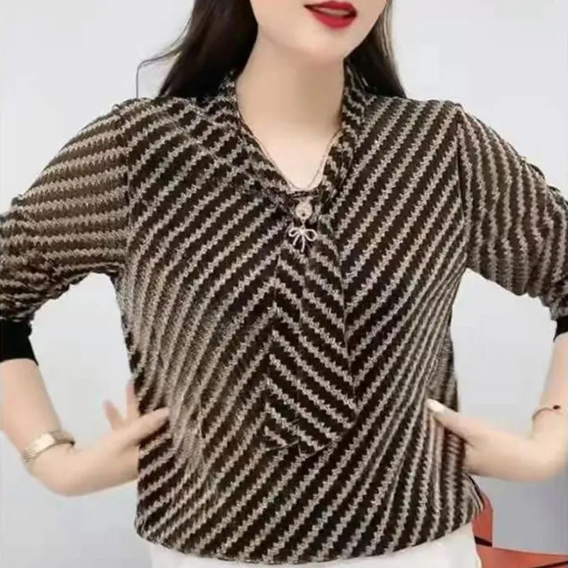 Commute Striped Spliced Silk Blouse - Long Sleeve V-Neck, Women's Fashion Top | New Zealand | Strylez Virtual Try-On