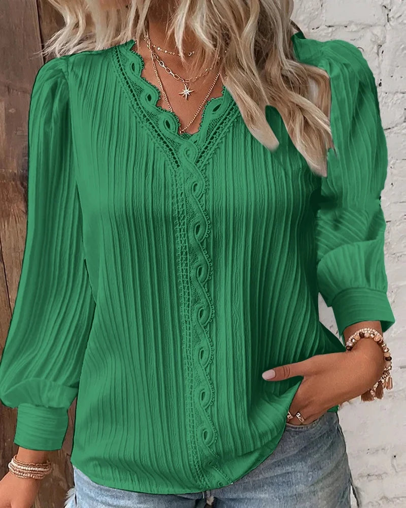 Elegant Summer Hollow Lace Patchwork Women’s Shirt – V-Neck Long Sleeve Blouse, Casual Lace Top New Zealand | Strylez Virtual Try-On