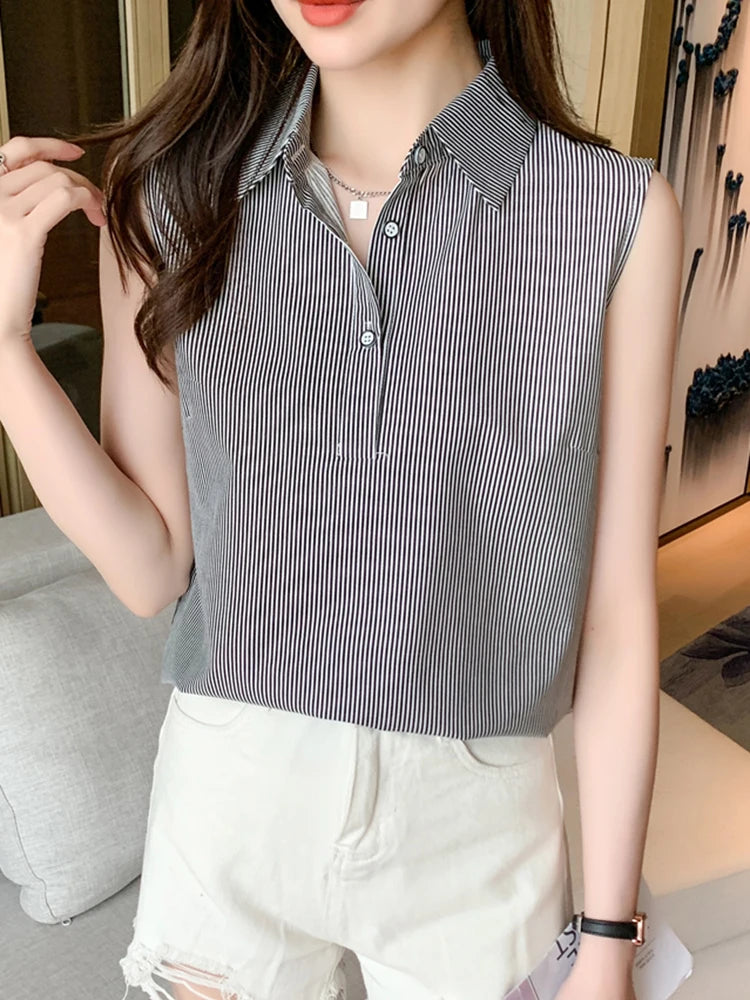 Women Summer Sleeveless Blouse Casual Striped Top | Office OL Blouse | Ladies Basic Tops NZ | Strylez Virtual Try-On