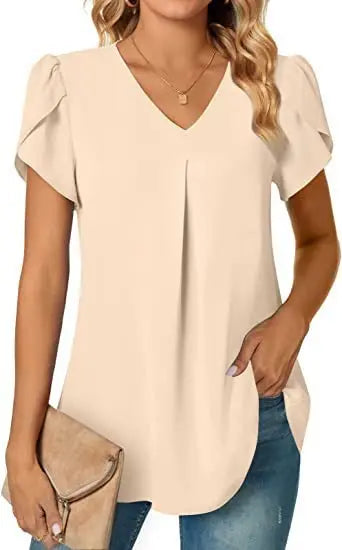 Elegant Women's Top Blouse 2024 Summer Flower – Short Sleeve V-Neck Office/Work, Commuter Shirt S-XXL | NZ | Strylez Virtual Try-On