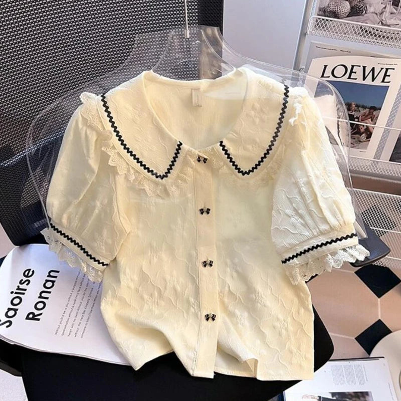 Peter Pan Collar Shirt Women – Kawaii Lace Blouse, Puff Sleeve, French Style – Summer Fashion | New Zealand | Strylez Virtual Try-On