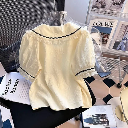 Peter Pan Collar Shirts Women Kawaii Lace Gentle Trendy French Style Mujer Blusas Summer New Design Elegant Puff Sleeve Clothes
