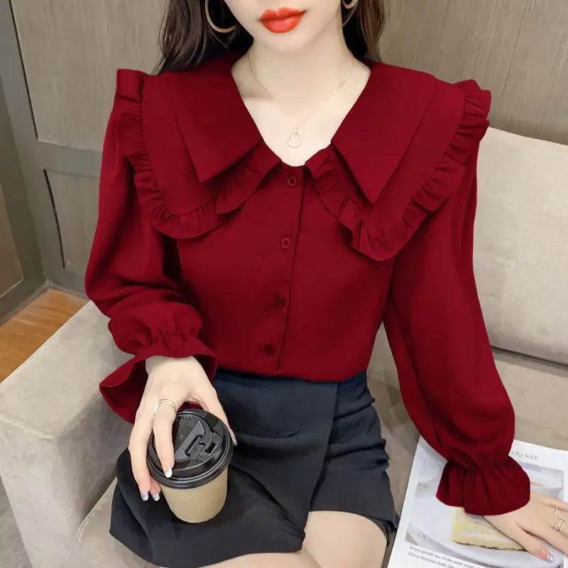 Fashion Peter Pan Collar Button Ruffles Chiffon Shirt Female Clothing 2022 Autumn New Oversized Casual Tops Loose Sweet Blouse