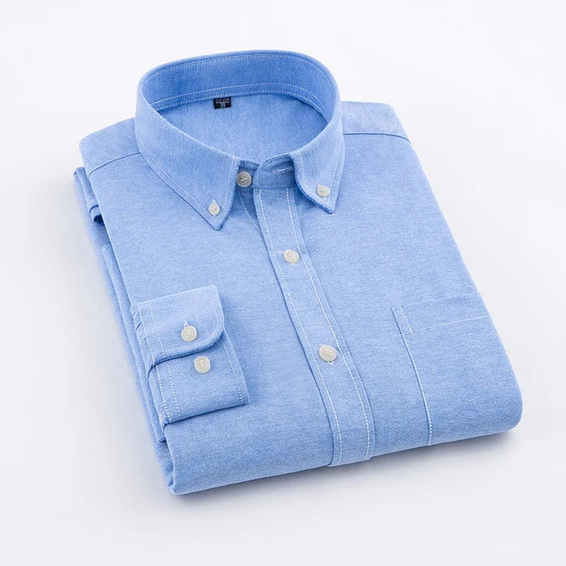 2025 Spring Men's Cotton Oxford Spinning Long Sleeve Shirt with True Pocket Business Leisure Fashion and Versatile Top