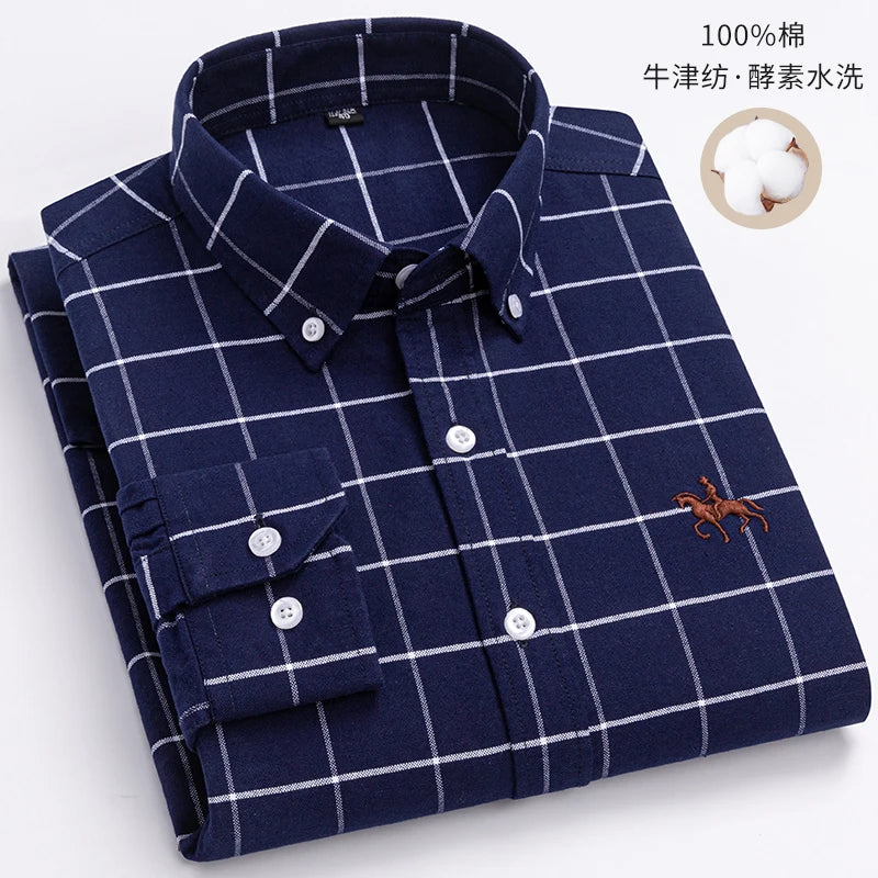 Fashion Strip 100% Oxford Embroidered Horse Casual Without Pocket Solid Plaid Shirts Men's Long Sleeve Dress Shirt Men Plus Size