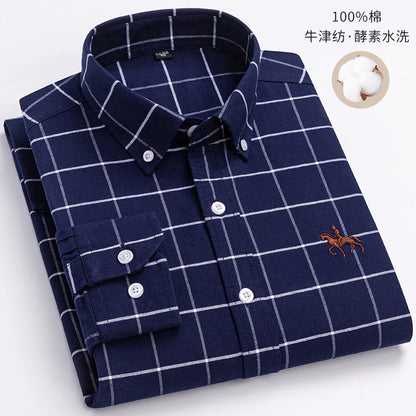 Fashion Strip 100% Oxford Embroidered Horse Casual Without Pocket Solid Plaid Shirts Men's Long Sleeve Dress Shirt Men Plus Size