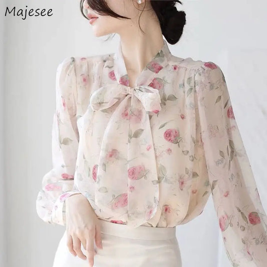 Blouse Women Pink Floral Tops Fall Newly Trendy Bow Vintage Gentle Sweet Casual French Puff Sleeve Ins Chic Stand Collar Lace-up