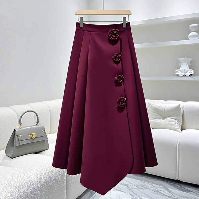 Elegant 2024 Red A-line High Waist Skirt – Playful Korean Autumn Style