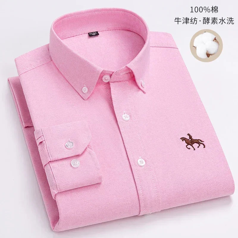 Casual Pure Cotton Oxford Mens Shirts Long Sleeve Embroidery Horse Design Regular Fit Fashion Button Man White Dress Shirt