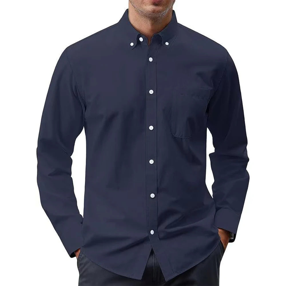 New Zealand 2025 New Oxford Men's Shirt 70% Cotton, Long Sleeve, Solid Color Turn-Down Blouse | Strylez Virtual Try-On