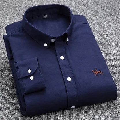 Casual Pure Cotton Oxford Mens Shirts Long Sleeve Embroidery Horse Design Regular Fit Fashion Button Man White Dress Shirt