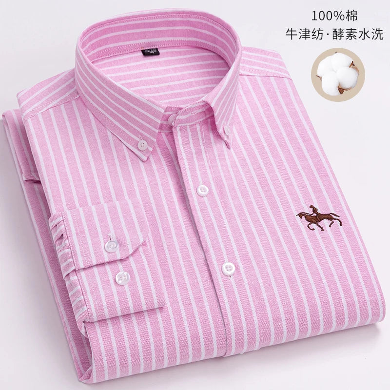 Quality 100% Cotton Oxford Shirt Men's Long Sleeve Embroidered Horse Casual Without Pocket Solid Yellow Dress Shirts Men 5XL 6XL