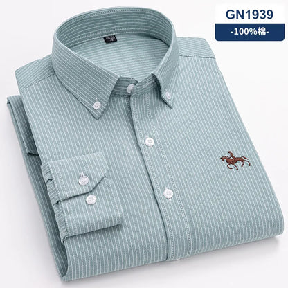 Quality 100% Cotton Oxford Shirt Men's Long Sleeve Embroidered Horse Casual Without Pocket Solid Yellow Dress Shirts Men 5XL 6XL
