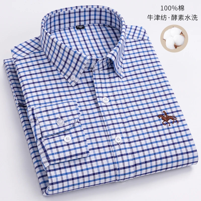 Quality 100% Cotton Oxford Shirt Men's Long Sleeve Embroidered Horse Casual Without Pocket Solid Yellow Dress Shirts Men 5XL 6XL