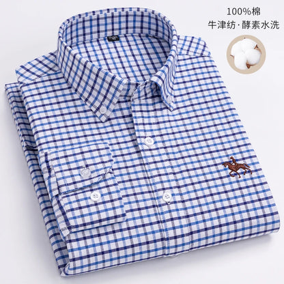 Quality 100% Cotton Oxford Shirt Men's Long Sleeve Embroidered Horse Casual Without Pocket Solid Yellow Dress Shirts Men 5XL 6XL