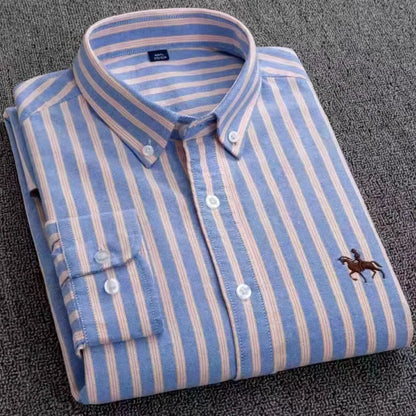 Fashion Strip 100% Oxford Embroidered Horse Casual Without Pocket Solid Plaid Shirts Men's Long Sleeve Dress Shirt Men Plus Size